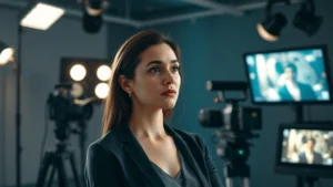 Professional female actress in modern studio setting with dramatic lighting, surrounded by film equipment and production monitors, contemplative expression, mid-career professional atmosphere