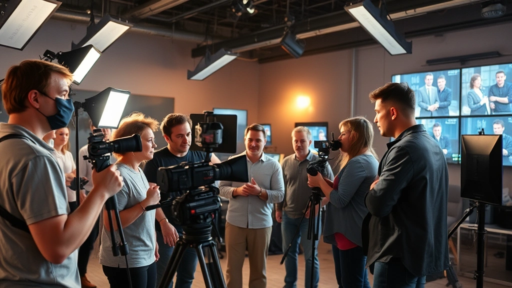 Diverse film production team collaborating on set with cameras, lighting rigs, and monitors visible, multiple people reviewing footage together, creative environment with professional energy