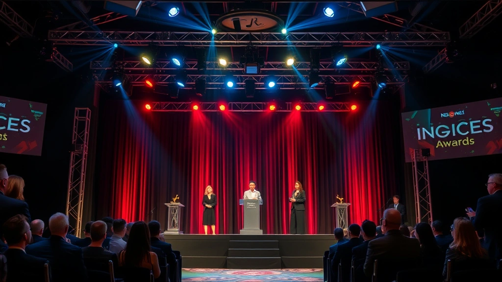 Award ceremony or industry recognition event with stage lighting and professional backdrop, celebrating achievement and industry acknowledgment in entertainment setting, formal but warm atmosphere