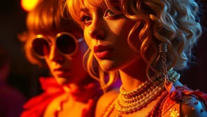 Close-up of vibrant 1970s disco-era fashion and styling details, featuring rich amber lighting, elaborate costume textures, and period-appropriate accessories on a blurred dark background, photorealistic digital cinema aesthetic
