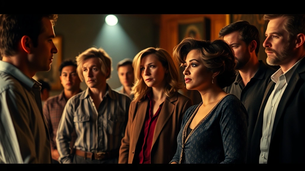 Dramatic ensemble scene composition showing multiple actors in expressive character moments, warm atmospheric lighting, sophisticated production design elements, cinematic depth of field, professional film photography