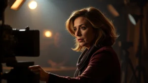 Professional film set atmosphere showing mature actress in character work during dramatic scene, cinematic lighting, emotional intensity, no visible text or screens, photorealistic quality capturing the artistry of serious dramatic performance