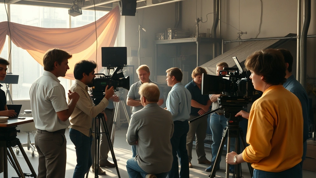 Vintage 1980s Hollywood production environment with actors and crew collaborating on set, period-appropriate filmmaking equipment, warm natural lighting, professional filmmaking craft in action, no visible text or digital interfaces