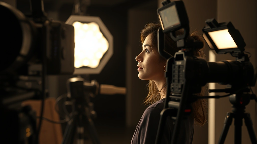 Contemporary film production showing character actress in contemplative moment between takes, modern lighting equipment, professional set environment, artistic filmmaking atmosphere emphasizing depth and emotional authenticity, no visible screens or text