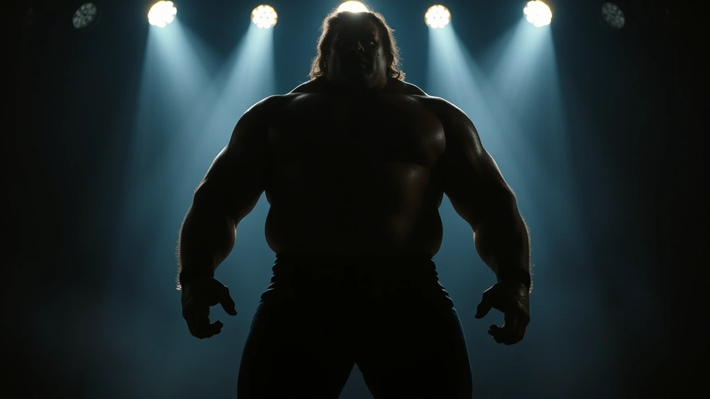 Andre the Giant standing in dramatic wrestling spotlight pose, massive frame silhouetted against dark background with theatrical lighting, professional photography style
