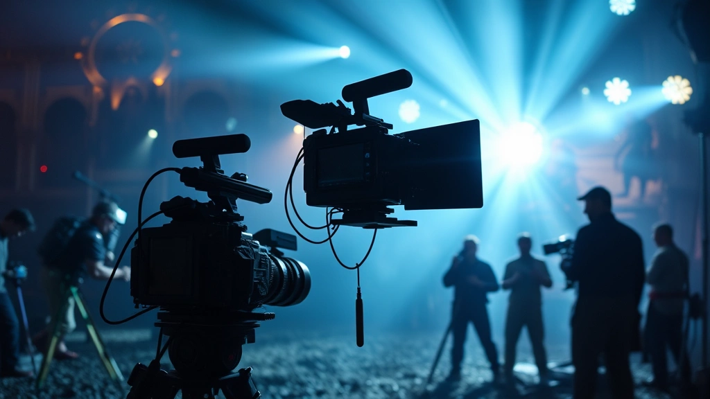 Film production set with dramatic fantasy cinematography, atmospheric lighting, adventure movie aesthetic with epic scope and professional color grading
