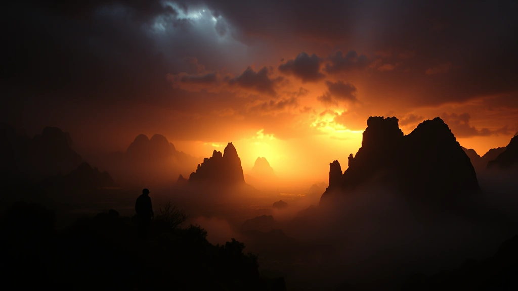 Cinematic moment showing dramatic fantasy landscape or action sequence with moody atmospheric lighting typical of classic adventure films from 1980s-1990s