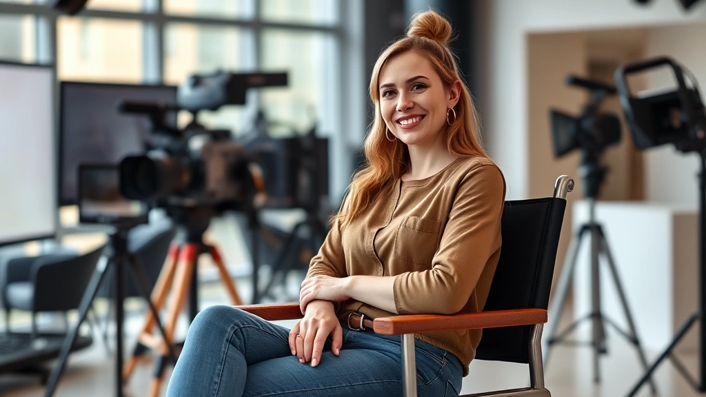 Professional female performer in modern television studio setting, sitting in director's chair during production break, natural lighting, casual confident posture, contemporary casual clothing, blurred set equipment background