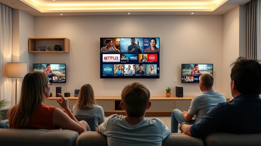 Digital streaming interface showing multiple entertainment platforms on screens in modern living room, viewers watching content together, soft ambient lighting, contemporary home decor, no visible text or notifications