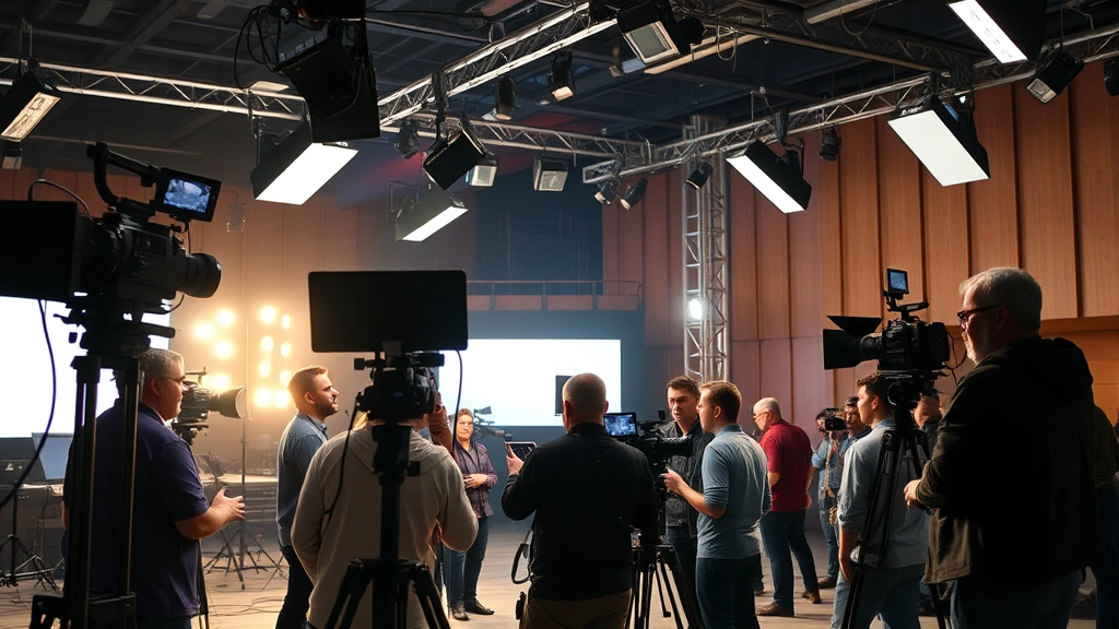 Television production set with cameras, lighting rigs, and crew members working collaboratively, behind-the-scenes authentic moment, professional equipment visible, warm production lighting, no screens or displays visible