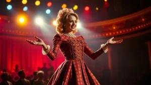 Professional female performer in elaborate 1960s stage costume with dramatic lighting, mid-performance gesture, vibrant theatrical setting with audience silhouettes, photorealistic cinematic quality