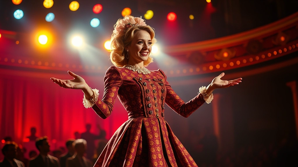 Professional female performer in elaborate 1960s stage costume with dramatic lighting, mid-performance gesture, vibrant theatrical setting with audience silhouettes, photorealistic cinematic quality