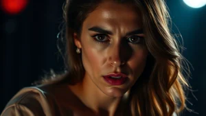 Professional actress performing intense emotional scene, stage lighting, dramatic expression, close-up shot, cinematic quality, no visible text or interface elements