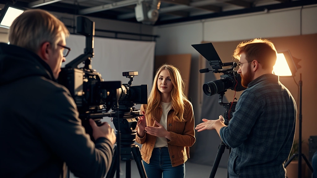Behind-the-scenes film production moment, actress collaborating with director and crew members, professional studio environment, natural lighting, creative collaboration atmosphere