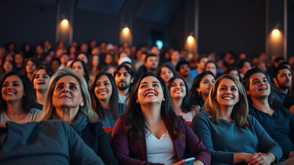 Audience in modern cinema theater watching movie, diverse crowd engaged and smiling, warm ambient lighting, no screens or text visible, shared entertainment experience