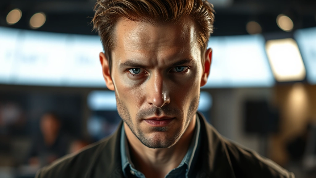 Professional actor in modern studio setting, dramatic lighting highlighting facial expression, wearing contemporary clothing, focused intense gaze, shallow depth of field background, cinematic quality, no text or graphics visible, photorealistic digital media production environment