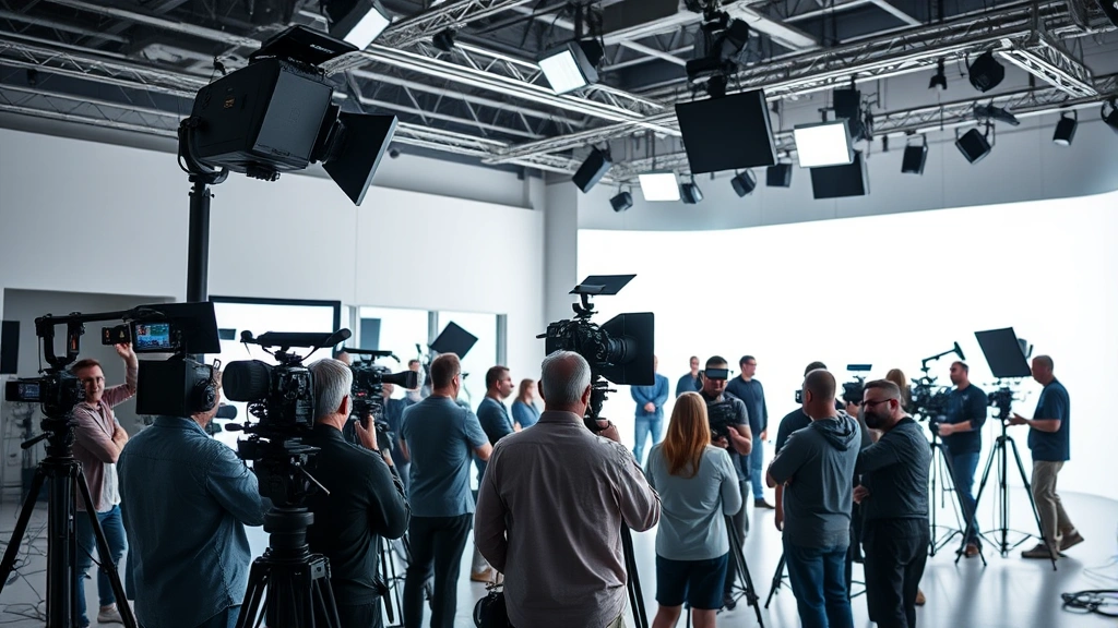 Television production set with professional lighting rigs, camera equipment, and studio infrastructure, multiple crew members working collaboratively, bright studio environment, modern production technology visible, no screens or text, photorealistic contemporary media production