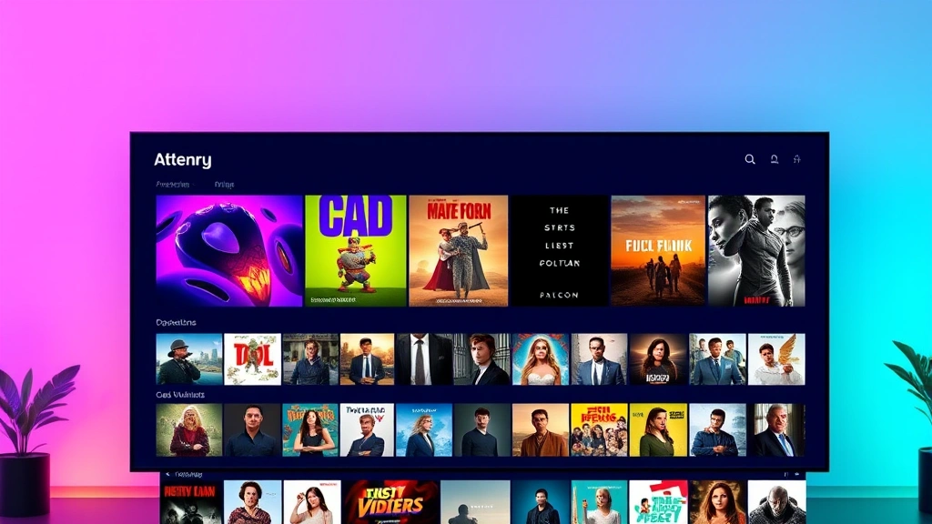 Streaming platform interface concept showing diverse content library, colorful thumbnails representing various genres and productions, modern digital media consumption environment, vibrant contemporary design, no readable text or specific titles, photorealistic digital media landscape