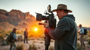 Cinematographer adjusting camera equipment on film set with natural desert landscape in background, golden hour sunlight, professional production crew visible, authentic historical period setting