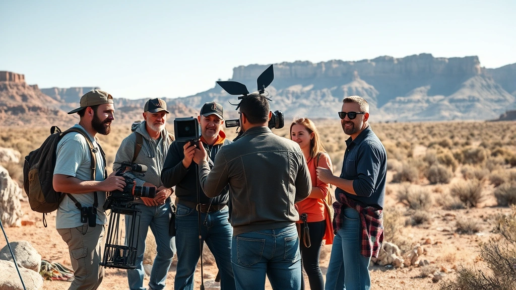 Film production crew members collaborating on location in American Southwest terrain, diverse team working together, natural lighting emphasizing landscape and human connection