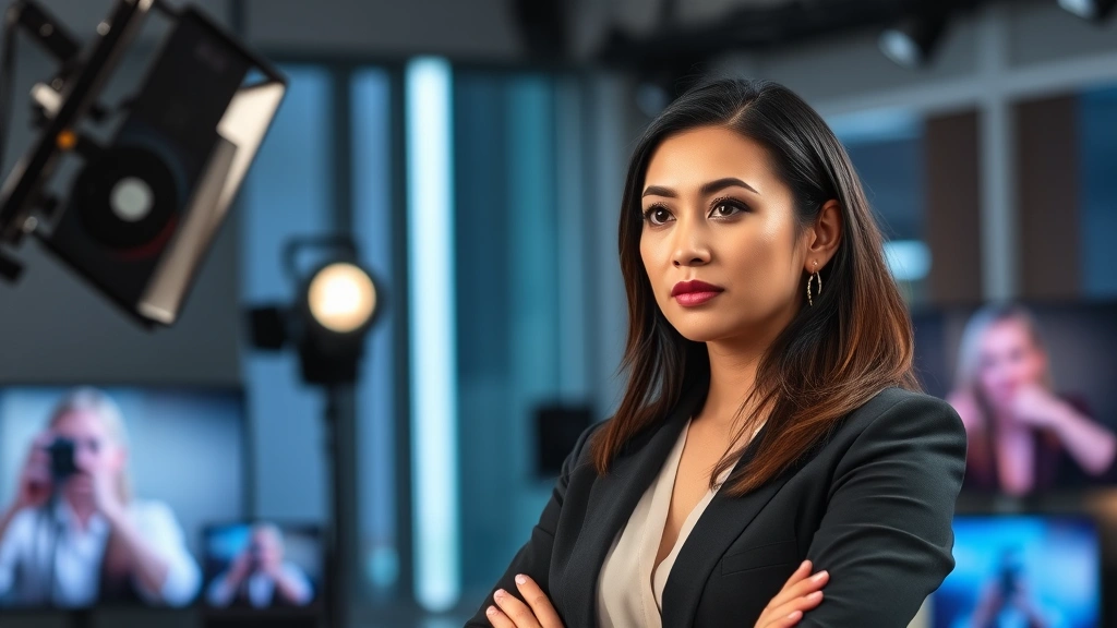 Professional female actress in modern television studio setting, thoughtful expression, professional lighting, contemporary entertainment industry environment, realistic photographic style