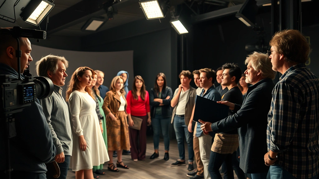 Diverse ensemble cast performing dramatic scene on film set, multiple actors engaged in character moment, professional cinematography lighting, behind-the-scenes authentic atmosphere
