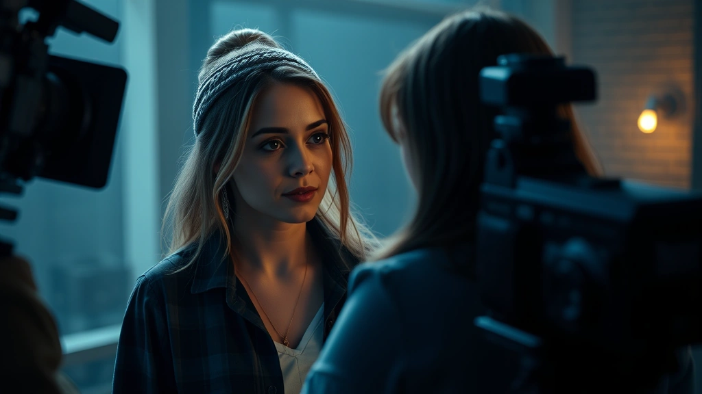 Female performer in intimate dramatic scene, emotional authenticity, professional film production setting, modern cinematography, realistic character-focused composition