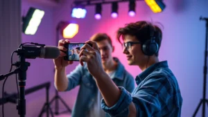Young content creator recording video on smartphone in bright studio setting, colorful LED lighting, professional microphone setup, casual modern clothing, authentic candid moment capturing digital content creation workflow