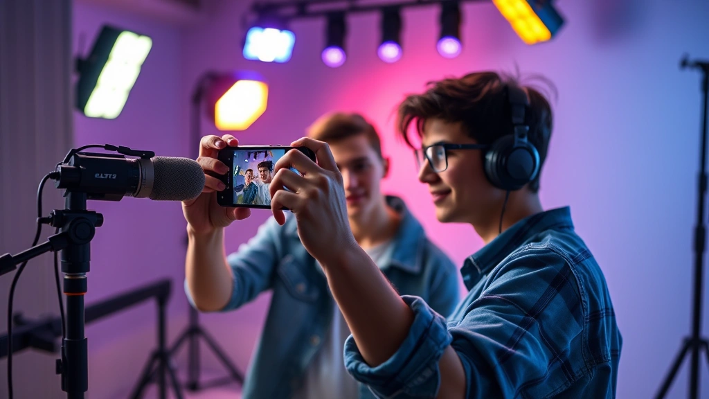 Young content creator recording video on smartphone in bright studio setting, colorful LED lighting, professional microphone setup, casual modern clothing, authentic candid moment capturing digital content creation workflow