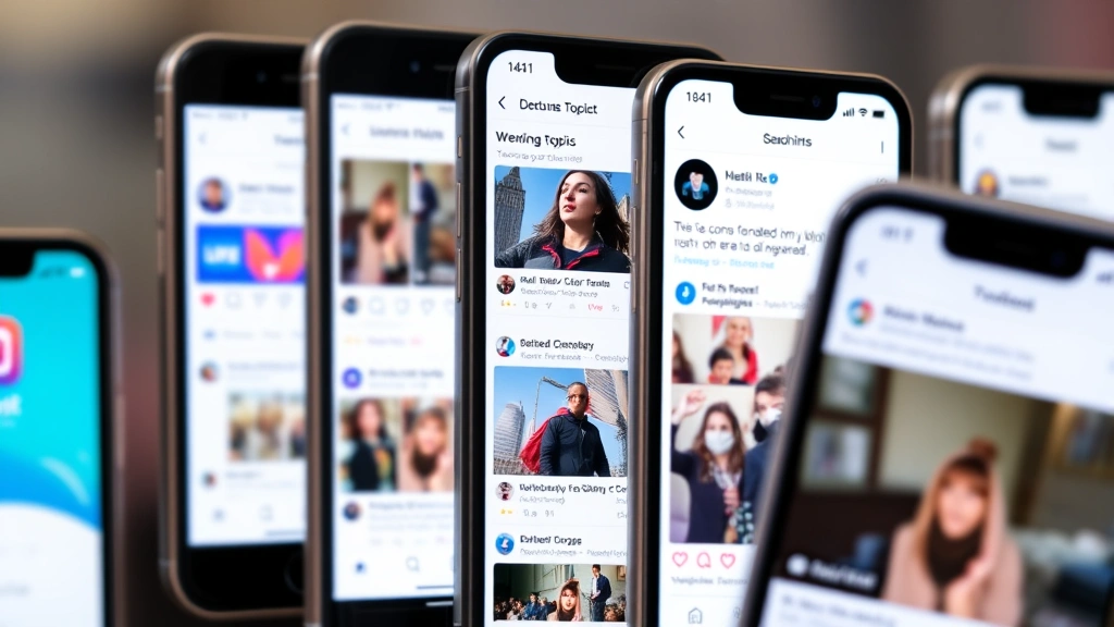 Multiple smartphone screens displaying different social media platforms with engagement metrics, trending topics, and video thumbnails visible, representing algorithmic discovery and viral content distribution across digital ecosystem