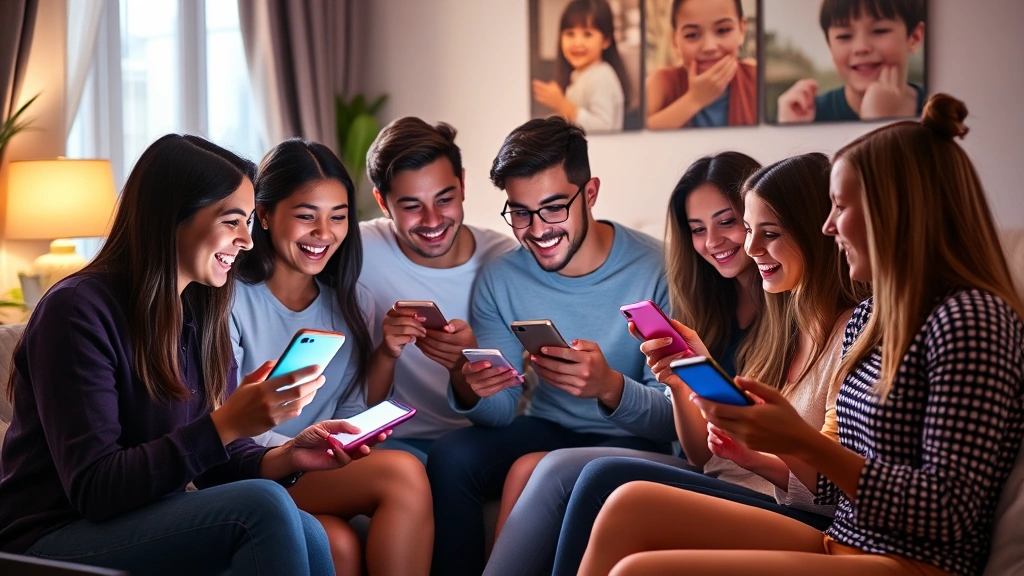 Diverse group of young adults gathered around glowing screens in casual living room environment, laughing and engaging with mobile devices, representing online community engagement and shared digital entertainment experiences