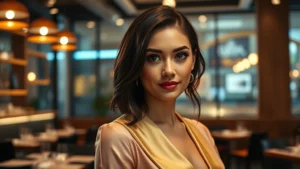 Professional headshot of woman in upscale restaurant setting, elegant attire, confident expression, modern lighting, sophisticated background with ambient restaurant decor, cinematic quality