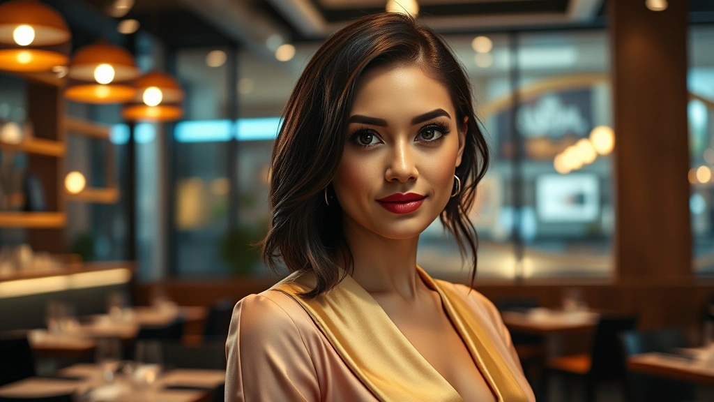 Professional headshot of woman in upscale restaurant setting, elegant attire, confident expression, modern lighting, sophisticated background with ambient restaurant decor, cinematic quality