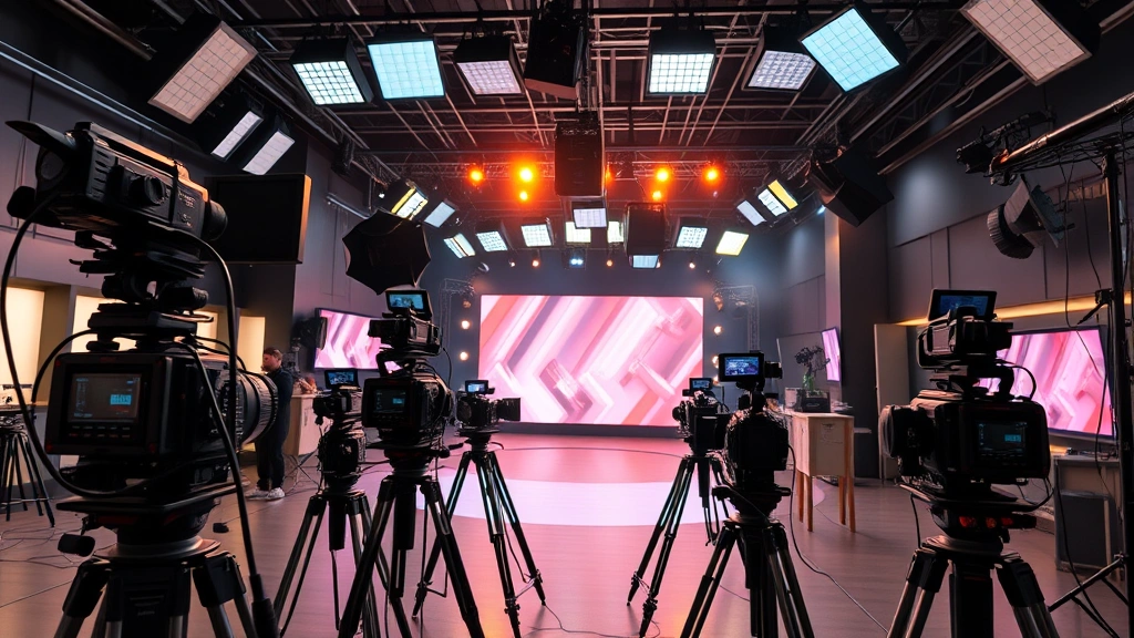 Television production set with multiple cameras, professional lighting rigs, studio environment, modern broadcast equipment, dynamic entertainment industry workspace, high-end production facility