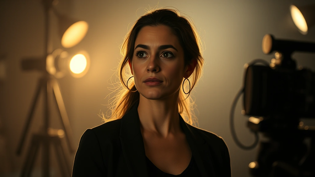 Professional female actress in dramatic lighting, thoughtful expression, film set background with soft focus equipment, natural cinematic atmosphere, no text or graphics visible