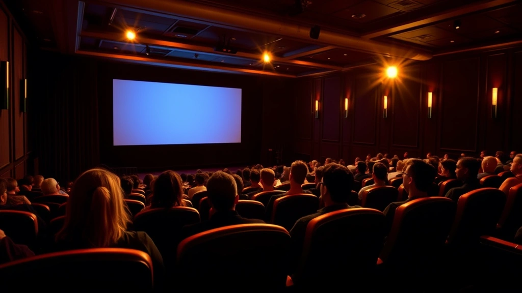 Movie theater interior with elegant seating, warm lighting on screen, audience silhouettes, cinematic ambiance capturing entertainment experience, no visible text on screen