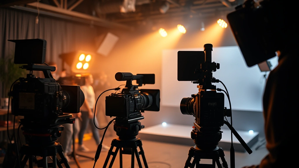 Film production set with professional camera equipment, dramatic lighting setup, creative atmosphere suggesting character development and storytelling, behind-the-scenes filmmaking environment, no screens or text visible