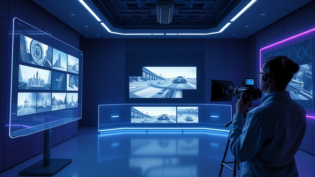 Futuristic film production studio with holographic displays showing AI-generated storyboards, cinematographer reviewing digital renders on transparent screens, soft blue and purple lighting, modern minimalist aesthetic, no text or interface elements visible, photorealistic digital art environment