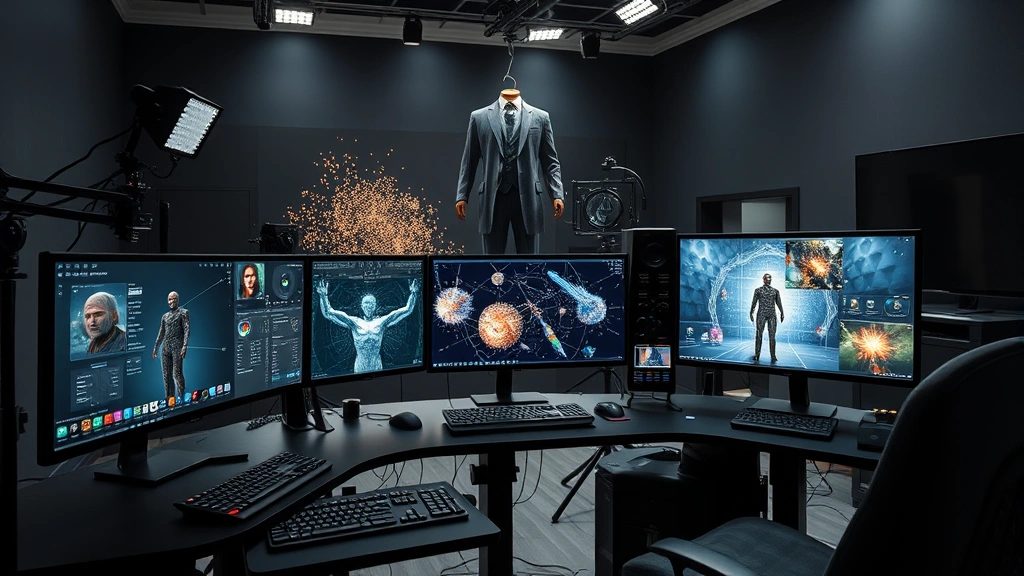 Advanced visual effects workstation with multiple monitors displaying 3D character models and particle effects, motion capture suit hanging in background, professional studio lighting, sleek technological environment, focus on creative tools and digital artistry, no UI elements or text visible
