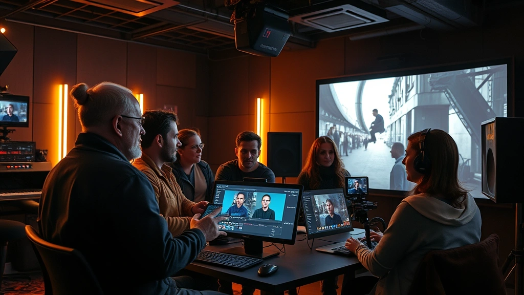 Diverse group of filmmakers collaborating in high-tech editing bay with AI-assisted color grading interface, warm ambient lighting, creative professionals reviewing footage together, modern cinema technology integrated seamlessly, no screens showing text or notifications, photorealistic scene