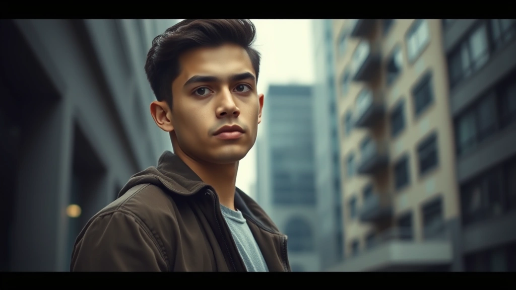 Young actor in contemplative pose against urban architecture backdrop, moody cinematic lighting, professional headshot style photography, serious expression suggesting depth and intelligence, modern digital film aesthetic