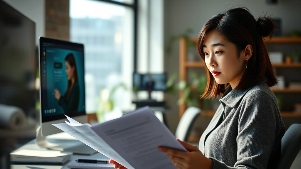 Asian-American female filmmaker reviewing scripts in modern office, natural lighting, focused expression, contemporary workspace with monitors and creative materials, photorealistic