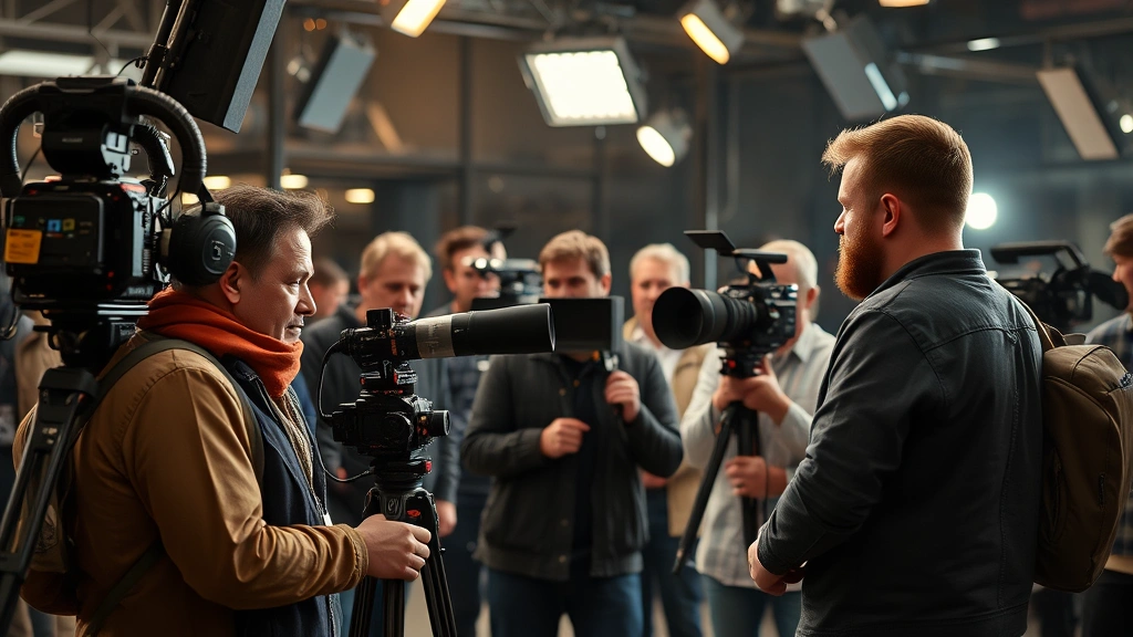 Diverse film crew on set with professional equipment and lighting rigs, collaborative moment between director and cinematographer, cinematic production environment, authentic behind-the-scenes atmosphere