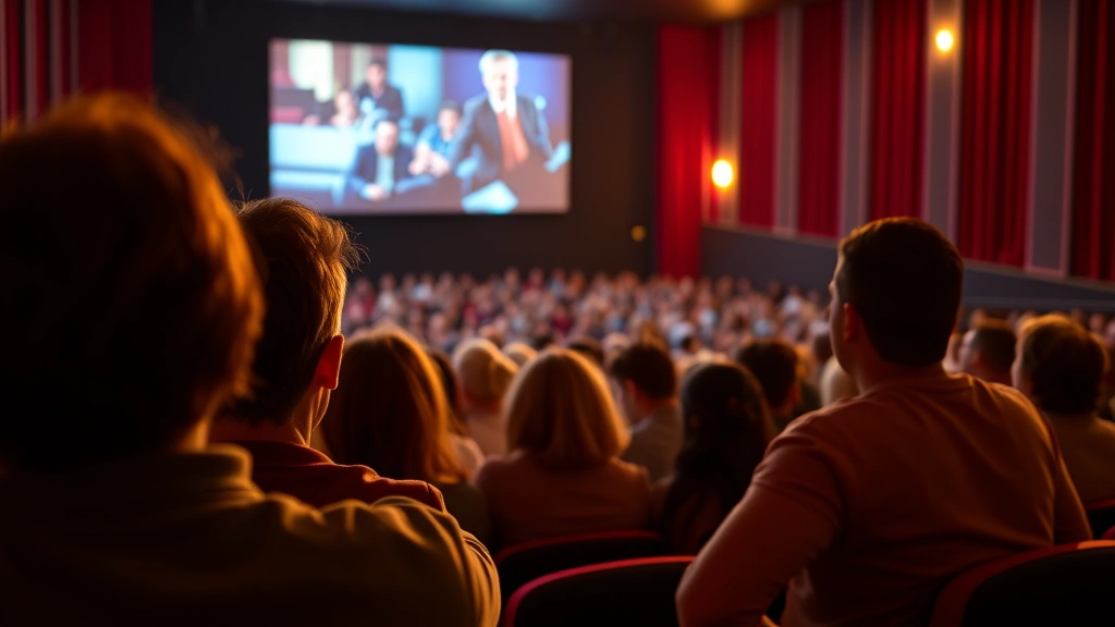 Movie theater audience watching film premiere, diverse group engaged with screen, warm ambient lighting, genuine emotional reactions, cinema experience captured authentically