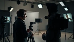 Minimalist film director in modern cinema studio reviewing footage on professional monitors, cinematic lighting, focused concentration, contemporary equipment setup, professional atmosphere