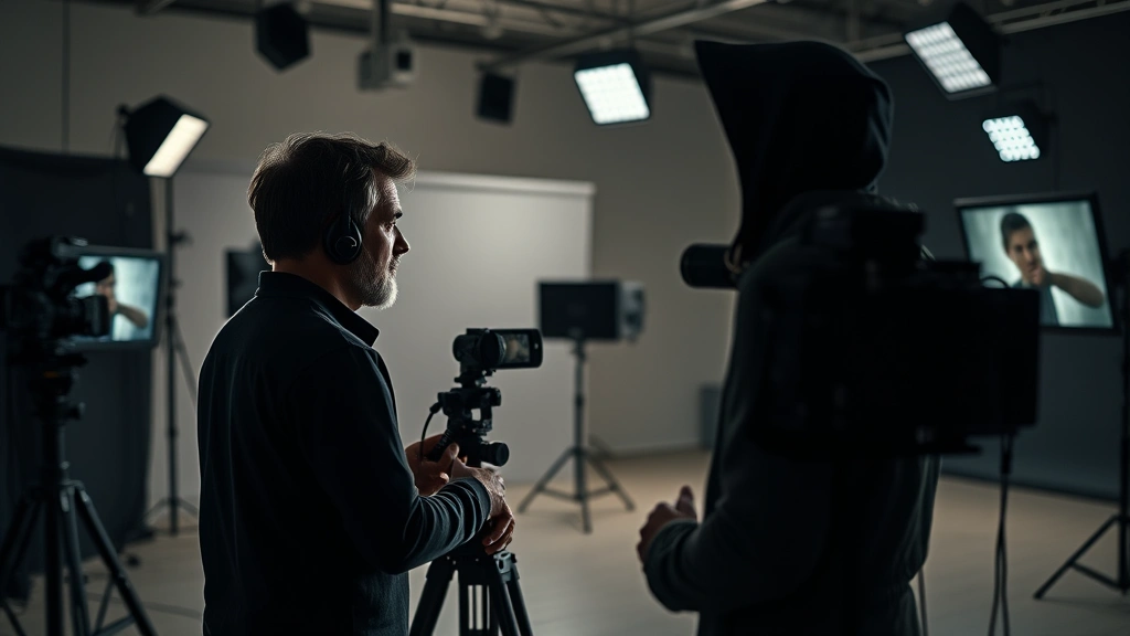 Minimalist film director in modern cinema studio reviewing footage on professional monitors, cinematic lighting, focused concentration, contemporary equipment setup, professional atmosphere