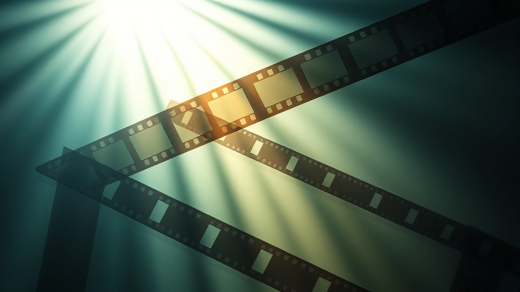 Abstract visual composition showing layered film frames overlapping with light and shadow, representing complex narrative structures and philosophical cinema concepts, artistic depth