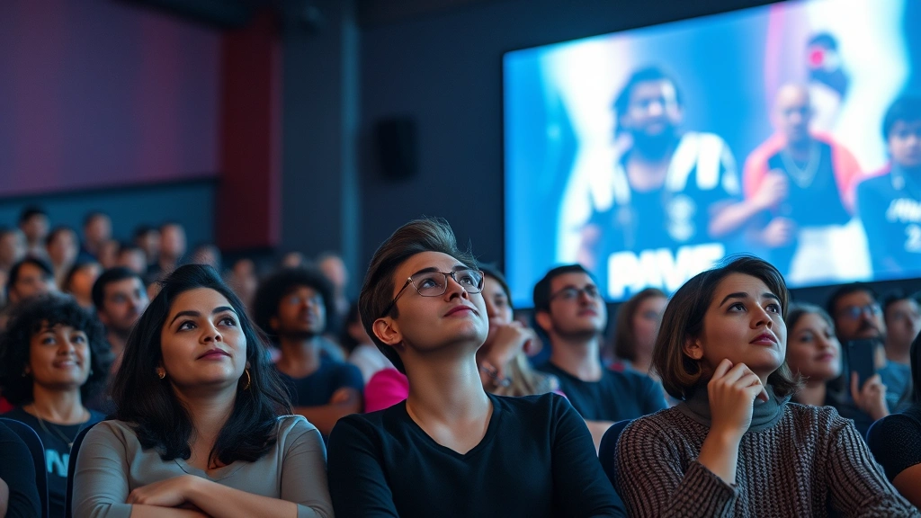 Diverse audience members in contemplative poses watching cinema screens, engaged and thoughtful expressions, modern theater setting, representing intellectual film appreciation and active viewership