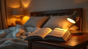 A cozy bedroom scene with warm lamp lighting casting shadows on walls, featuring an open storybook on a wooden nightstand with soft pillows and blankets in background, photorealistic warm color palette, intimate family moment aesthetic, no text visible
