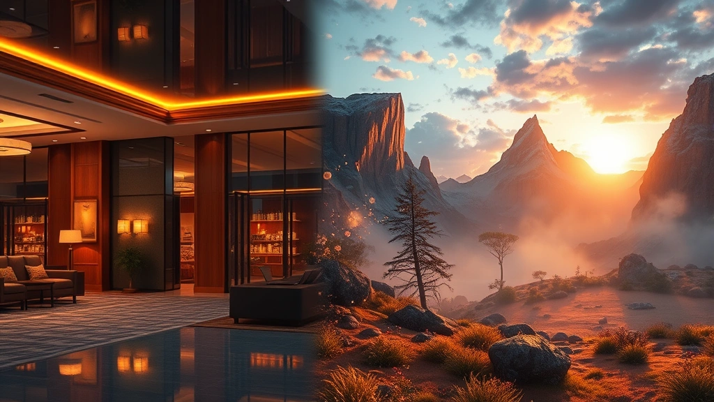 An imaginative split-screen composition showing a hotel lobby transitioning into a fantastical adventure landscape with golden hour lighting, magical sparkles floating between scenes, dreamlike atmospheric effects, photorealistic digital rendering, no interface elements or text